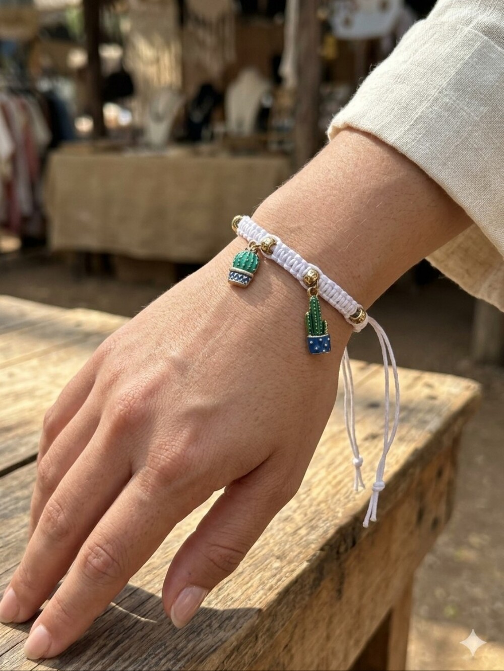 Handmade White Braided Bracelet with Green Cactus Charms